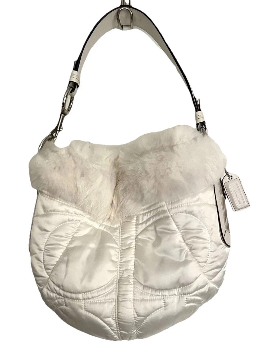 Vintage Coach Y2K Ski Bunny Rabbit Fur White Quilted Logo Hobo Winter Bag - 3586